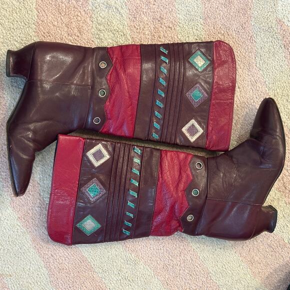 Vintage 80s Vita Mori Burgundy Geometric Western Revival Art Deco Leather Boots - Picture 8 of 12
